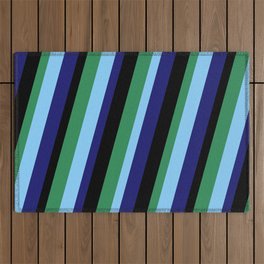 [ Thumbnail: Midnight Blue, Black, Sea Green & Light Sky Blue Colored Stripes Pattern Outdoor Rug ]