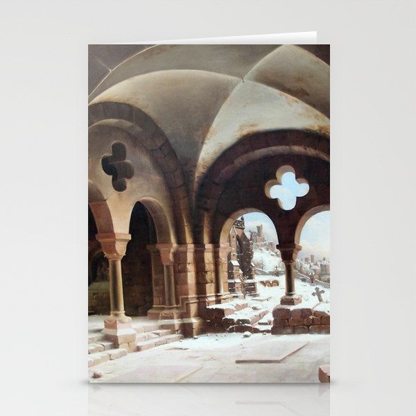  Klosterkreuzgang im Winter mit Blick auf eine zweitürmige Kathedrale - Carl Georg Hasenpflug Stationery Cards
