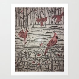 Kentucky Winter Art Print | Meadow, Trees, Winter, Drawing, Excited, Berries, Unitedstates, States, Cardinals, Red 