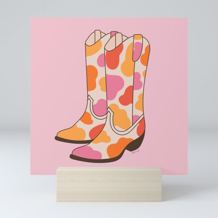 Western Cowgirl Boots Cute Pink Cowboy Mini Art Print by Bobbie