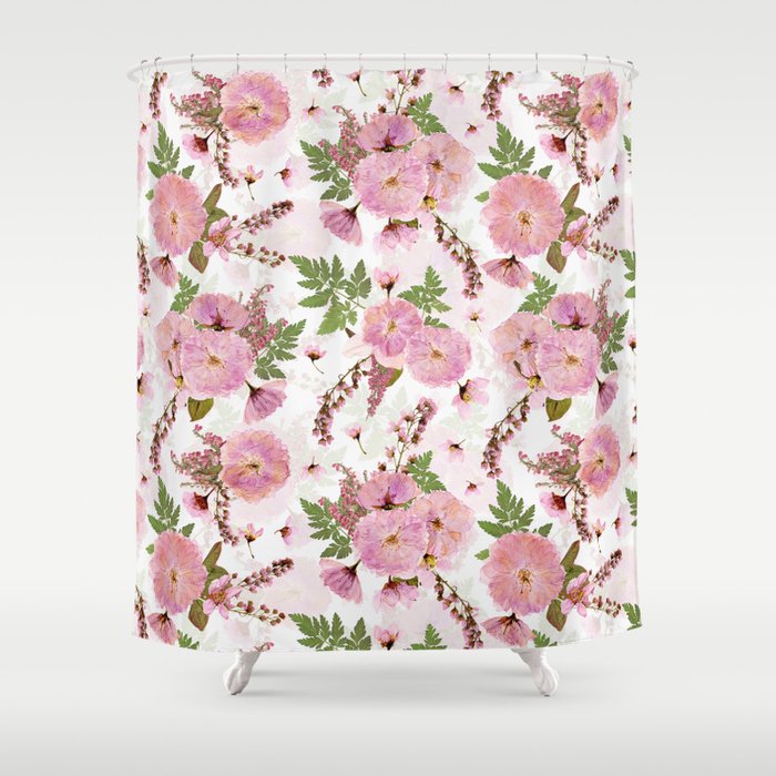 Dried And Pressed Pink Cherry Blossoms Spring Meadow Pattern Shower Curtain