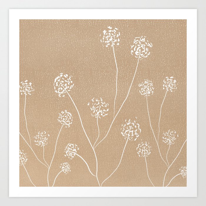 Dandelions flowers illustration on beige kraft Art Print