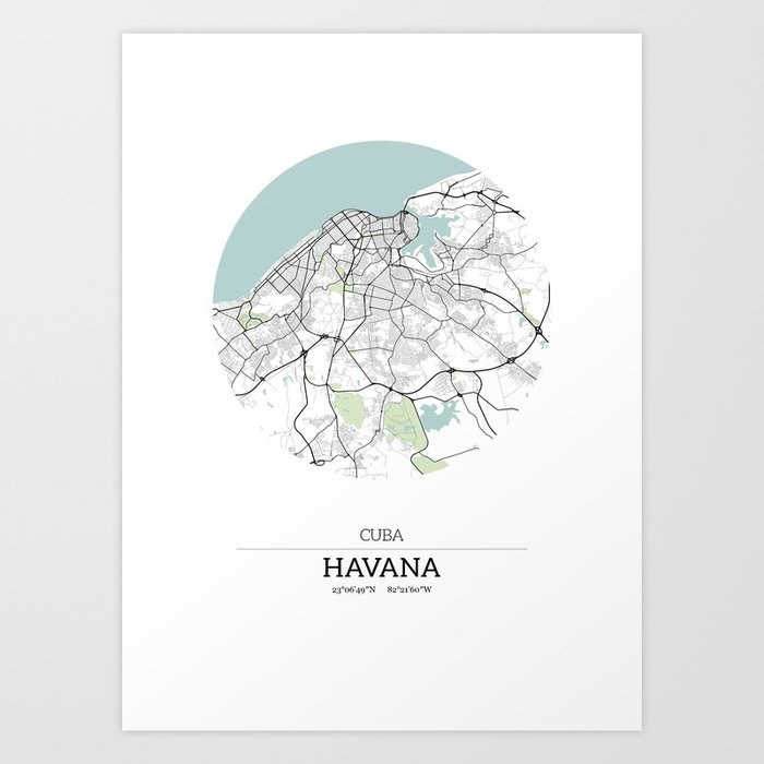 Havana, Cuba City Map with GPS Coordinates Art Print by danydesign