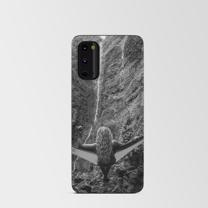 Mahalo; lost in the wilderness amid the waterfalls and tropics; blond female taking in the island natural sights black and white photograph - photography - photographs Android Card Case