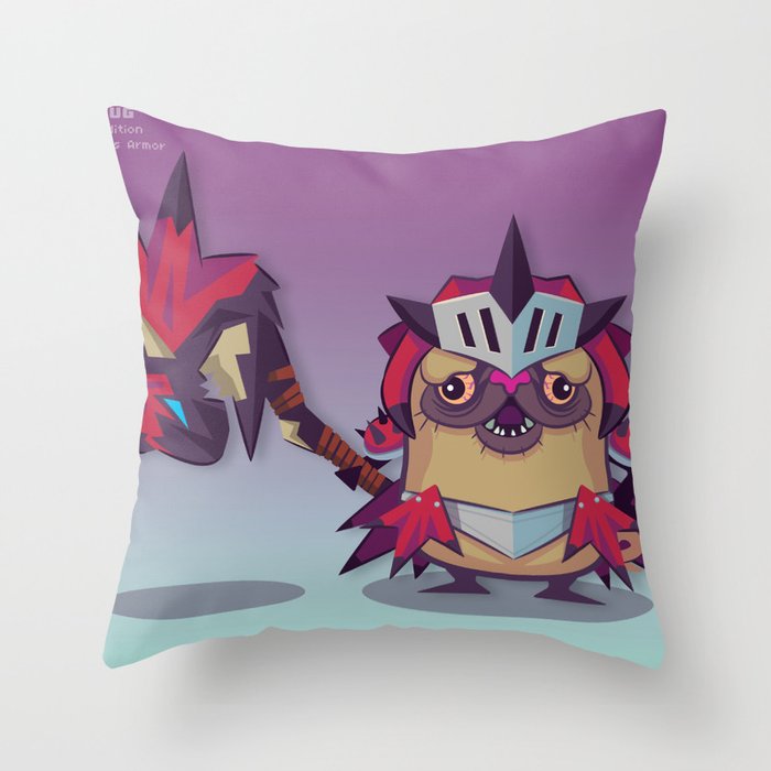 Pixel the Monster Hunting Pug Throw Pillow