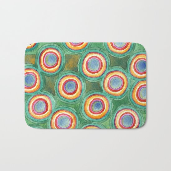 Multicolorful Circles in Front of Horizontal Stripes Bath Mat