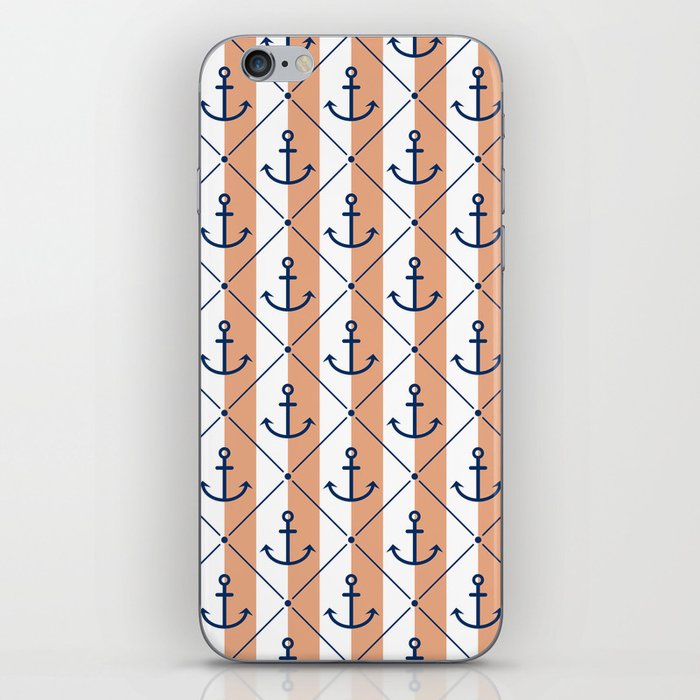 Navy Blue Anchor Pattern on White and Peach Orange iPhone Skin