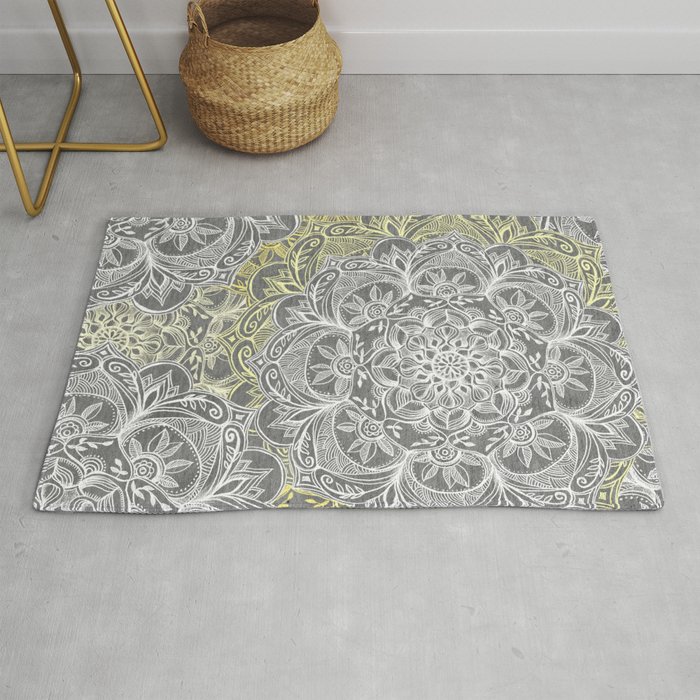 Yellow White Mandalas On Grey Rug By Micklyn