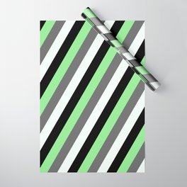 [ Thumbnail: Light Green, Dim Grey, Mint Cream, and Black Colored Striped Pattern Wrapping Paper ]
