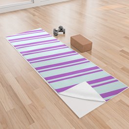 [ Thumbnail: Light Cyan and Orchid Colored Lined/Striped Pattern Yoga Towel ]