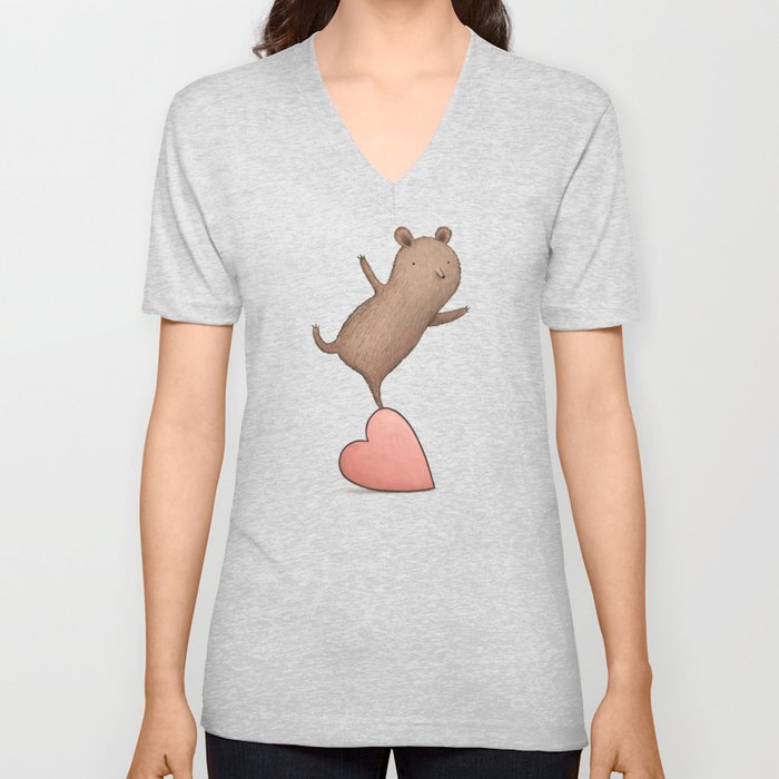 Bear on Heart V Neck T Shirt
