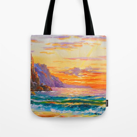 Sunset on the rocky shore Tote Bag