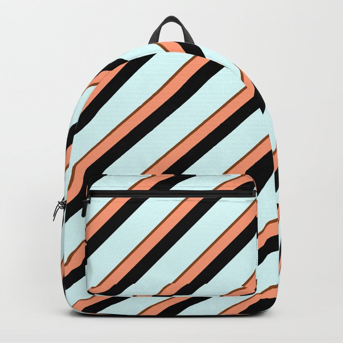 Brown, Light Salmon, Black & Light Cyan Colored Stripes Pattern Backpack