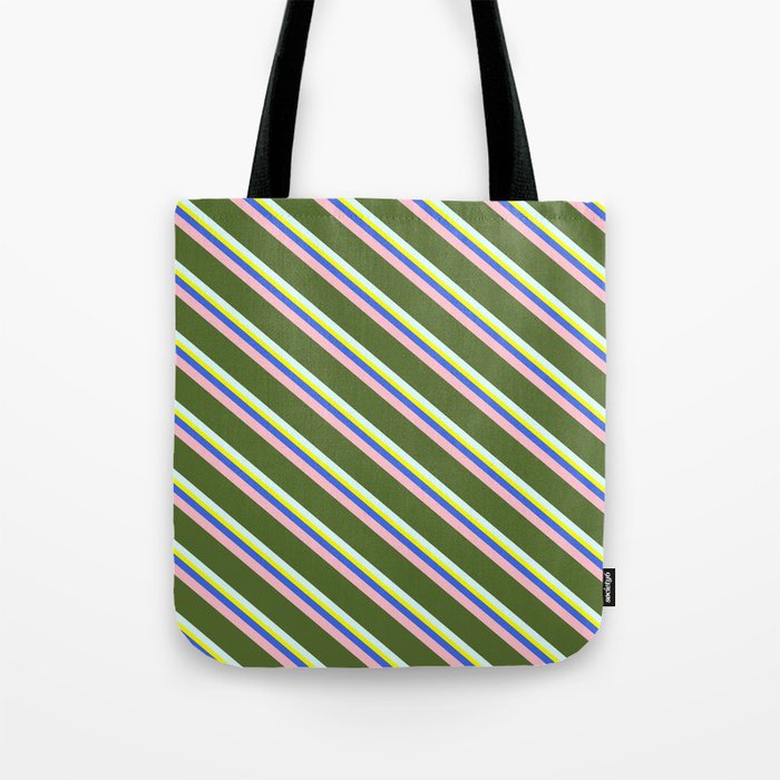 Colorful Yellow, Royal Blue, Pink, Dark Olive Green, and Light Cyan Colored Lined/Striped Pattern Tote Bag