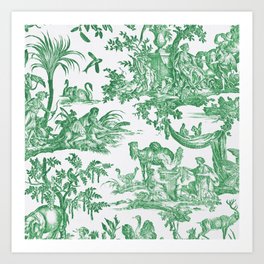 Green and White Antique French Toile Chinoiserie Art Print