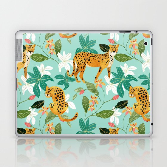 Cheetah Jungle, Wildlife Nature Wild Cats Tigers Leopard Botanical Animals Mint Quirky Illustration Laptop & iPad Skin