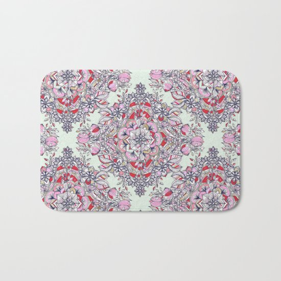 Floral Diamond Doodle in Red and Pink Bath Mat