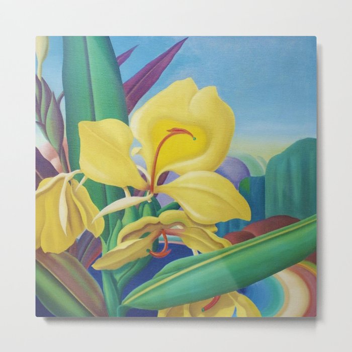 Yellow Ginger Orchid still life painting by Artist Unknown Metal Print