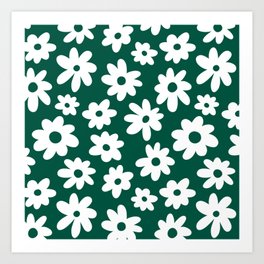 Daisy Flower Pattern (emerald green/white) Art Print