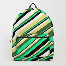 [ Thumbnail: Eyecatching Tan, Dark Olive Green, Green, Black, and White Colored Lines/Stripes Pattern Backpack ]