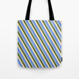 [ Thumbnail: Dark Olive Green, Beige, Cornflower Blue & Grey Colored Lines Pattern Tote Bag ]