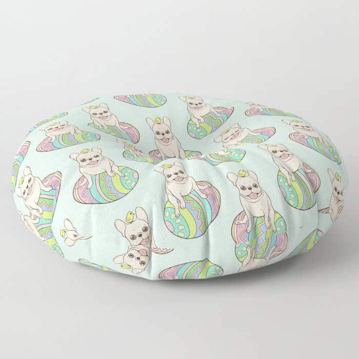 Cream Frenchie and Easter chick on a colorful Easter egg Floor Pillow