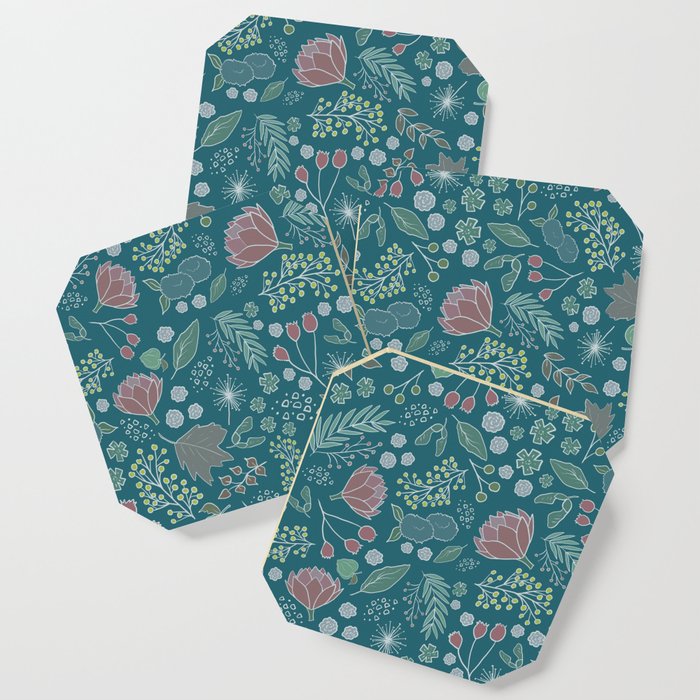 Autumn/Fall Floral Pattern - Teal Coaster