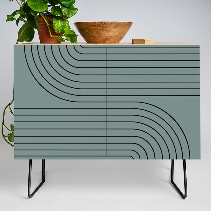 Minimal Line Curvature LXVII Neutral Teal Mid Century Modern Arch Abstract Credenza