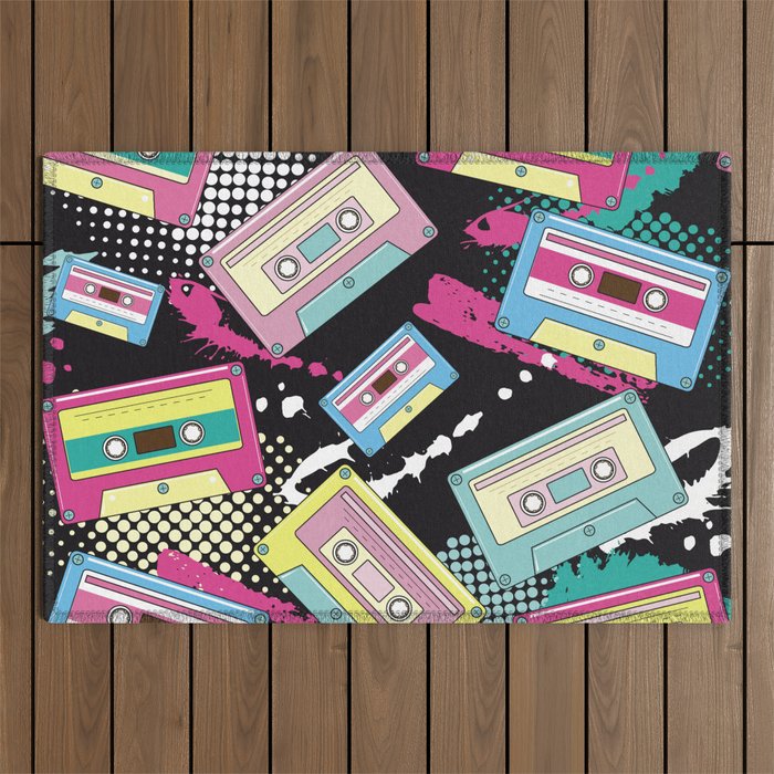 Multi Colored cassettes on a black background seamless pattern Outdoor Rug