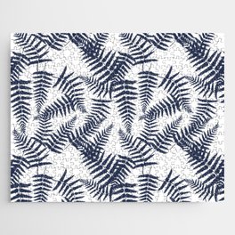 Navy Blue Silhouette Fern Leaves Pattern Jigsaw Puzzle
