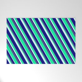 [ Thumbnail: Green, Light Cyan, Blue & Dark Slate Blue Colored Lines/Stripes Pattern Welcome Mat ]