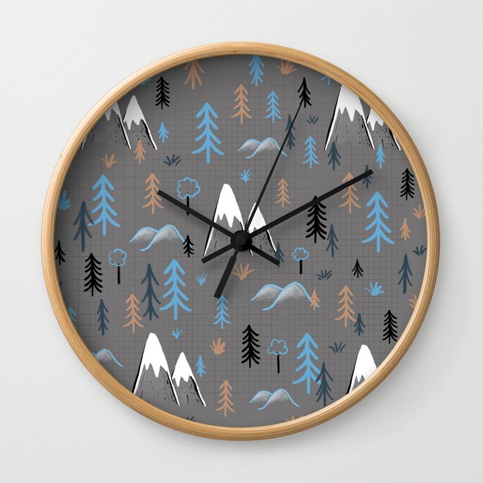 Hiking trees and mountains -blue Wall Clock