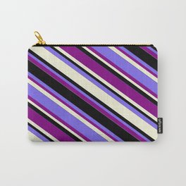 [ Thumbnail: Medium Slate Blue, Purple, Beige & Black Colored Lined Pattern Carry-All Pouch ]