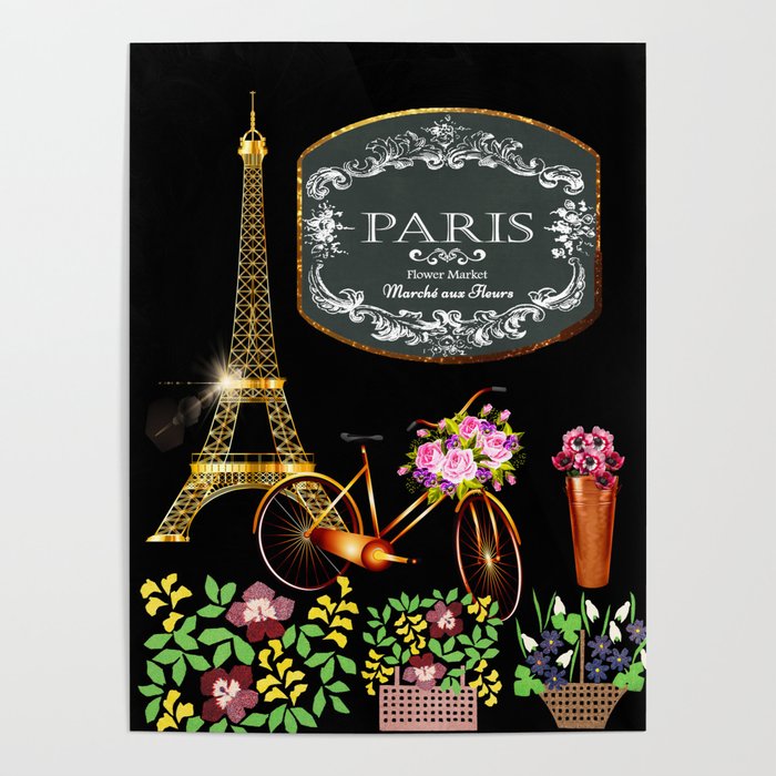 Vintage Flower Market ,Floral,Botanical,French,Eiffel Tower,Museum,Exhibition,Fresh,Refreshing,Boho, Poster