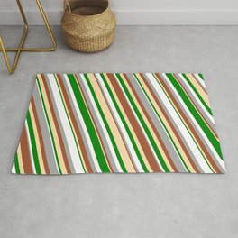 [ Thumbnail: Vibrant Dark Grey, Sienna, Tan, Green & White Colored Lined Pattern Rug ]