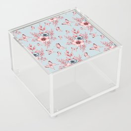 Monochrome anemone flowers and butterflies on a blue background - floral print Acrylic Box