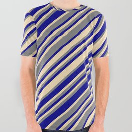 [ Thumbnail: Dark Blue, Tan, and Grey Colored Striped Pattern All Over Graphic Tee ]