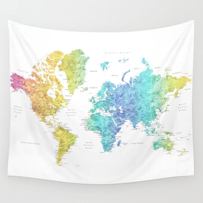 Rainbow gradient watercolor world map with cities 