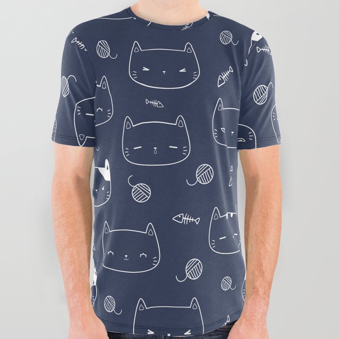 Navy Blue and White Doodle Kitten Faces Pattern All Over Graphic Tee