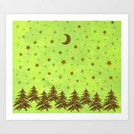 Sparkly Christmas tree, stars, moon on abstract green paper Art Print