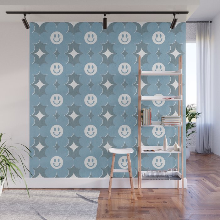 Retro happy smiley blooms pattern  # summer pale blue Wall Mural