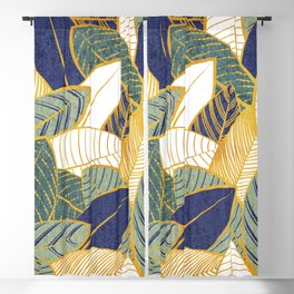 Leaf wall // navy blue pine and sage green leaves golden lines Blackout Curtain
