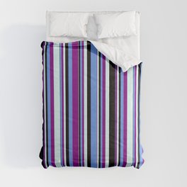 [ Thumbnail: Cornflower Blue, Purple, Light Cyan, and Black Colored Stripes Pattern Comforter ]