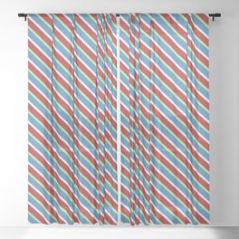 [ Thumbnail: Blue, Mint Cream, Red, and Green Colored Stripes/Lines Pattern Sheer Curtain ]