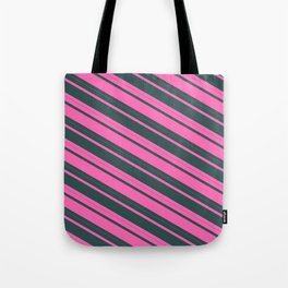 [ Thumbnail: Hot Pink and Dark Slate Gray Colored Lined Pattern Tote Bag ]