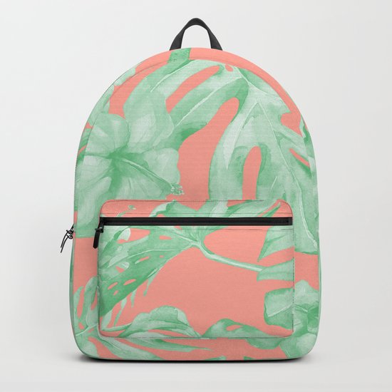 Tropical Palm Leaves Hibiscus Flowers Coral Green Backpack