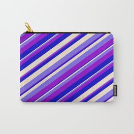 [ Thumbnail: Beige, Medium Slate Blue, Dark Violet & Blue Colored Stripes Pattern Carry-All Pouch ]