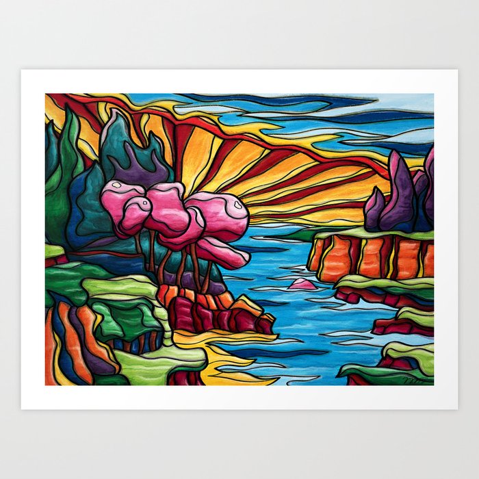 Red moutains sunset landscape painting, bold colorful naive art Art Print