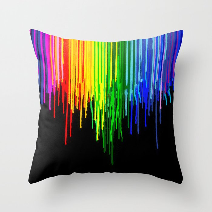 Rainbow Paint Drops on Black Throw Pillow