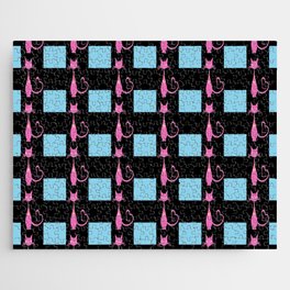 Blue And Black Buffalo Plaid,Valentines Pink Cat Pattern,Blue And Black Plaid , Jigsaw Puzzle